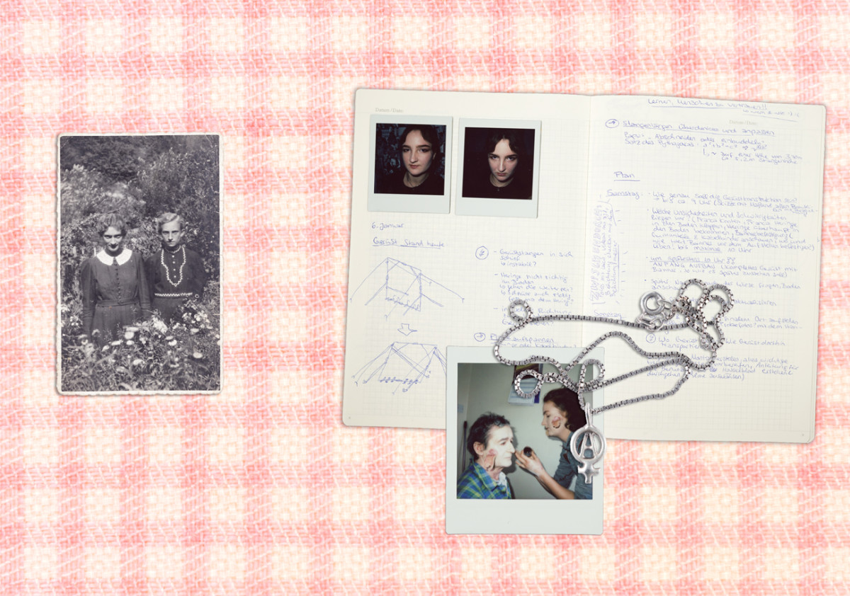 Franca Behrmann, aus der Serie: »Auf getrenntesten Bergen/On separate mountains«, Sneem (IRL) Braunschweig (DE), 2024, digitale Collage (Archivbild, Projektbuch, Sofortbilder, Halskette, Textilgrafik), Größe variabel, Courtesy of the Artist.